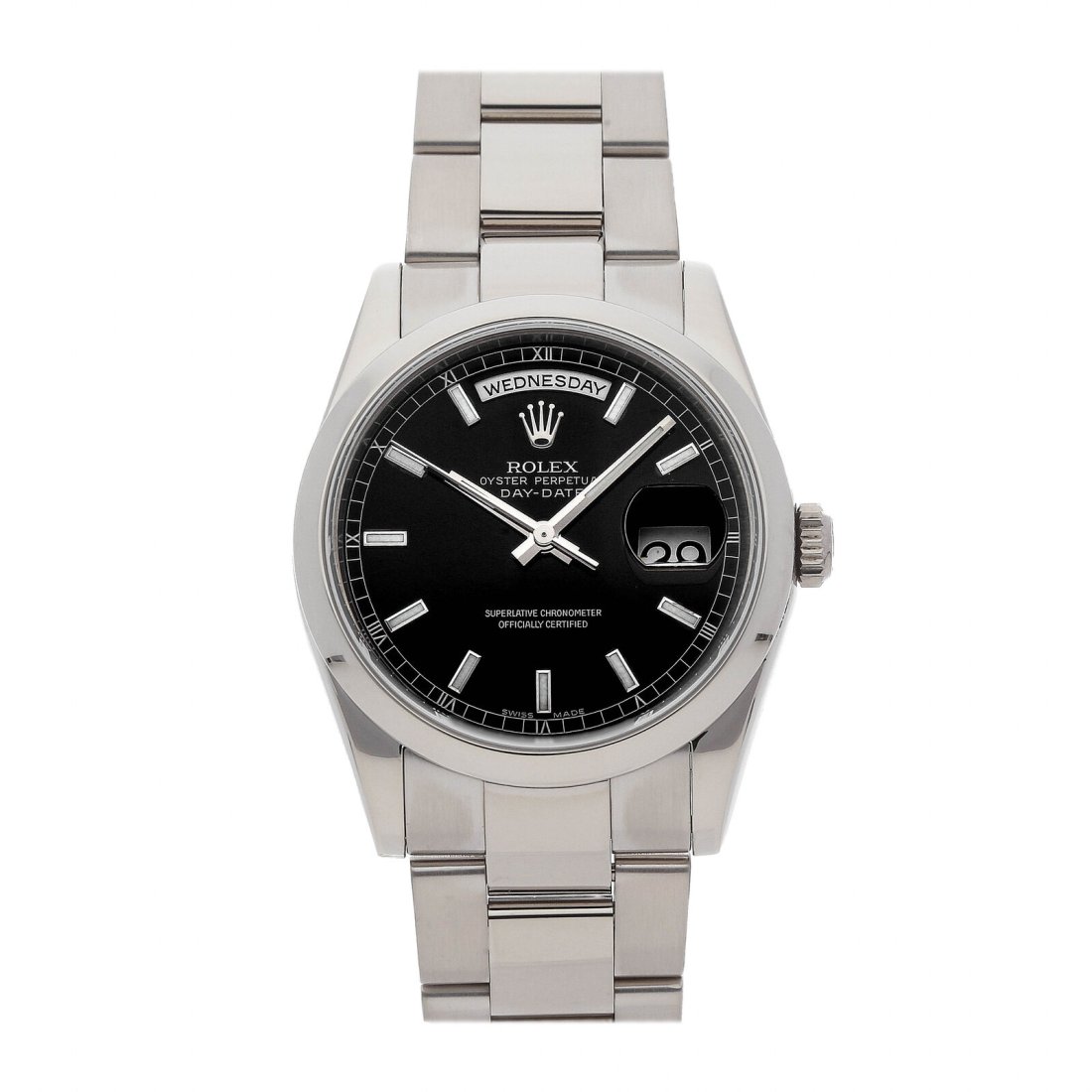 Rolex Day-Date Automatic 36mm White Gold Mens Oyster Bracelet Watch 118209: Condition:Pre-ownedBrand:RolexMovement:AutomaticCase Size:36mmHour Markers:IndexWatch Shape:RoundCaseback:SolidFeatures:Date, DayGender:MenBand Material:White goldBand Color:SilverBuckle Type:Folding