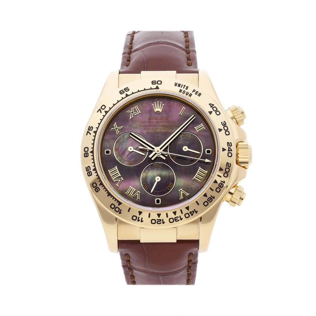 Rolex Daytona Cosmograph Automatic 40mm Gold Mens Strap Watch Chrono 116518: Condition:Pre-ownedBrand:RolexMovement:AutomaticCase Size:40mmHour Markers:RomanWatch Shape:RoundCaseback:SolidFeatures:Chronograph, TachymeterGender:MenBand Material:AlligatorBand Color:BrownBuckle T