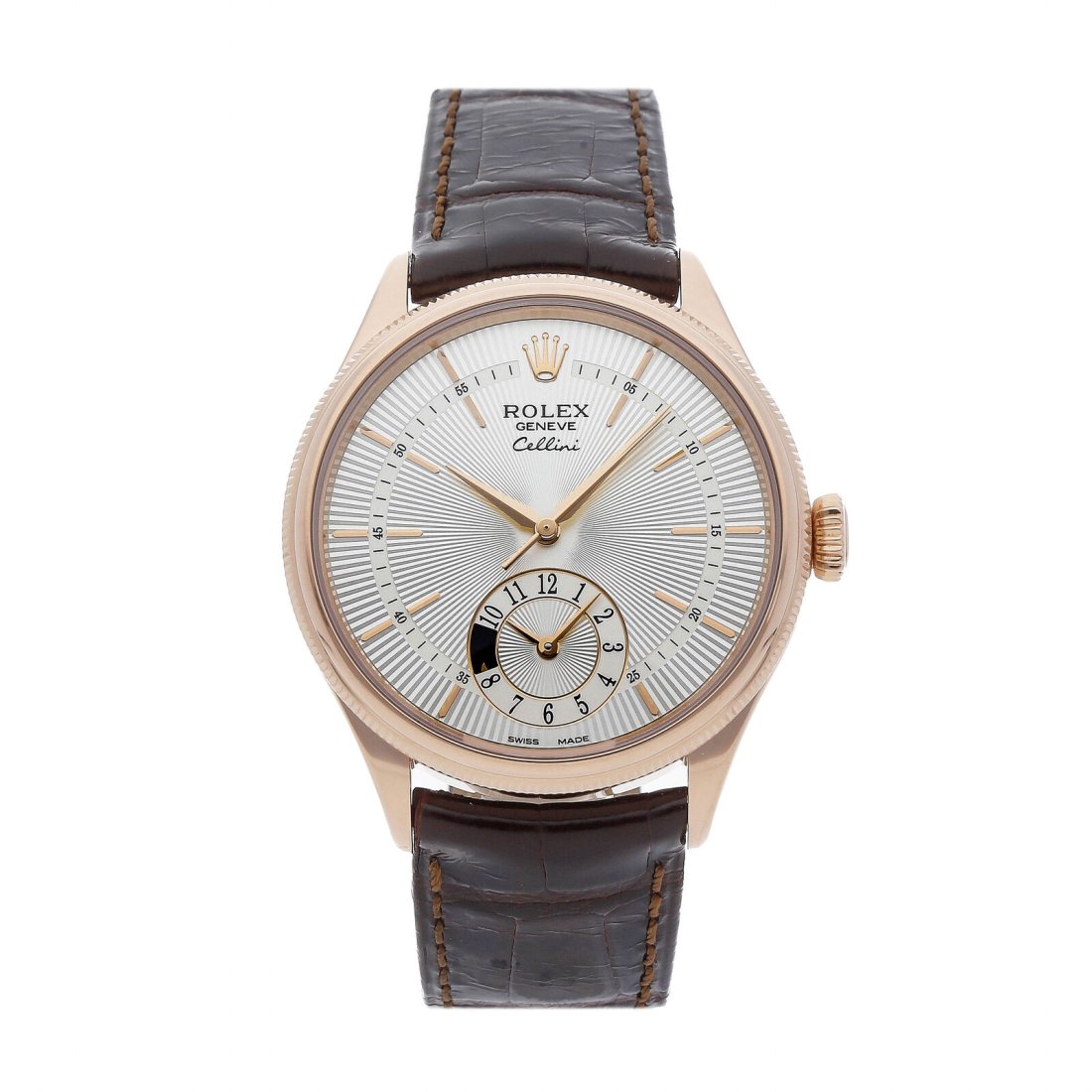 Rolex Cellini Dual Time Automatic 39mm Rose Gold Mens Watch 50525: Condition:Pre-ownedBrand:RolexMovement:AutomaticCase Size:39mmHour Markers:IndexWatch Shape:RoundCaseback:SolidFeatures:Day/Night Indicator, GMT/World TimeGender:MenBand Material:AlligatorBand Color:B