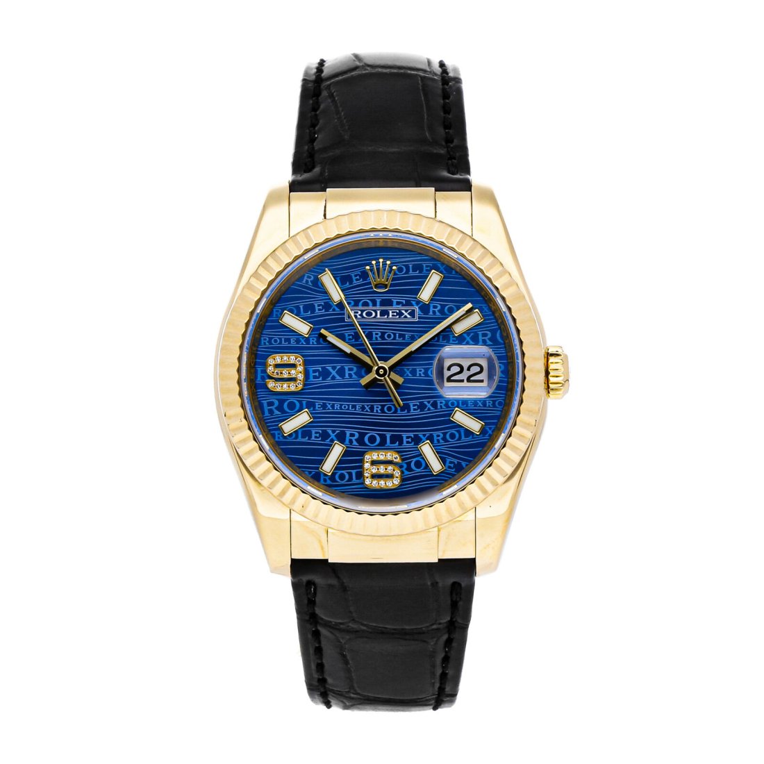 Rolex Datejust Auto 36mm Yellow Gold Diamond Blue Dial Mens Watch 116138: Condition:Pre-ownedBrand:RolexMovement:AutomaticCase Size:36mmHour Markers:Arabic numerals, diamond, indexWatch Shape:RoundCaseback:SolidFeatures:DateGender:MenBand Material:AlligatorBand Color:BlackB