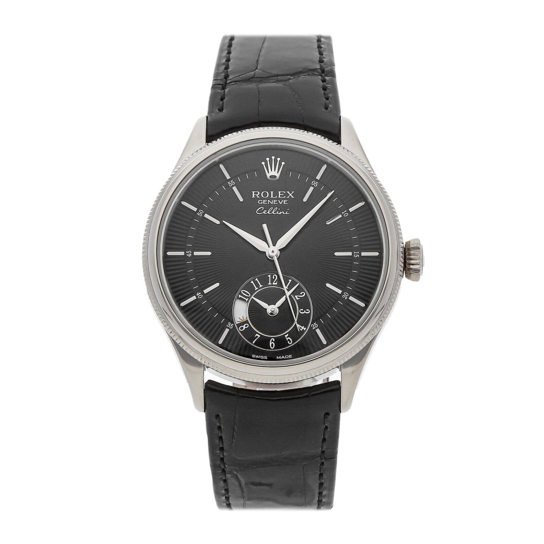 Rolex Cellini Dual Time Automatic 39mm White Gold Mens Strap Watch 50529: Condition:Pre-ownedBrand:RolexMovement:AutomaticCase Size:39mmHour Markers:IndexWatch Shape:RoundCaseback:SolidFeatures:GMT/World TimeGender:MenBand Material:AlligatorBand Color:BlackBuckle Type:Tang