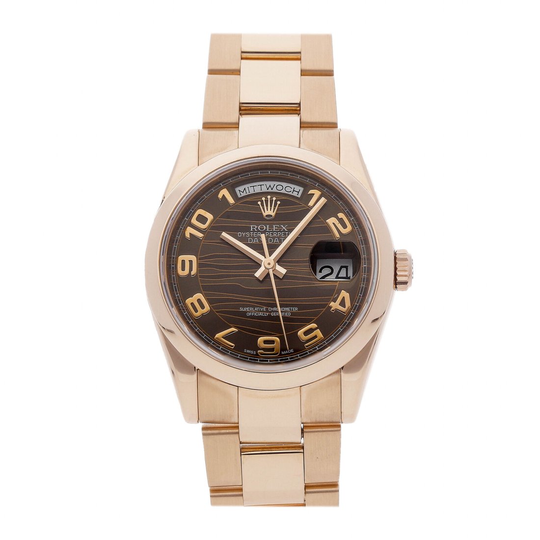 Rolex Day-Date Automatic 36mm Everose Gold Mens Oyster Bracelet Watch 118205: Condition:Pre-ownedBrand:RolexMovement:AutomaticCase Size:36mmHour Markers:Arabic NumeralsWatch Shape:RoundCaseback:SolidFeatures:Date, DayGender:MenBand Material:Rose goldBand Color:Rose goldBuckle T