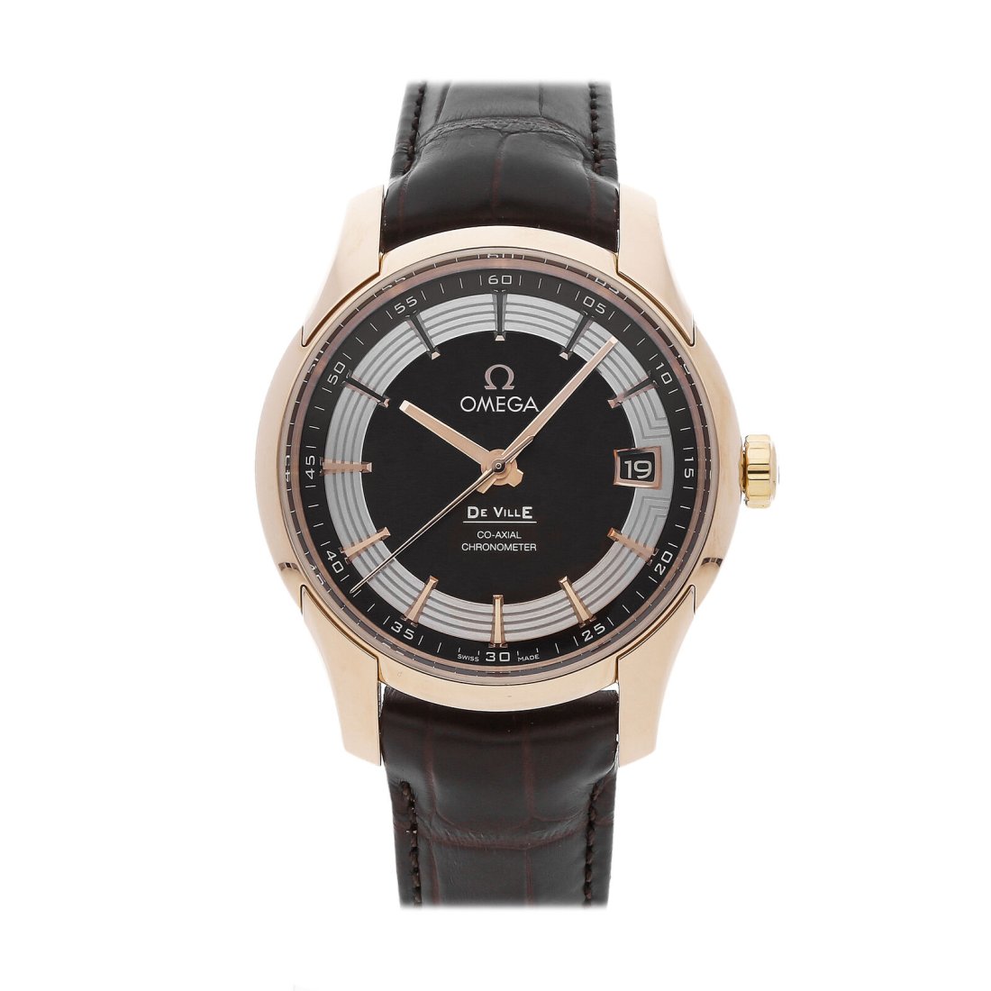 Omega De Ville Hour Vision Automatic 41mm Gold Mens Watch 431.63.41.21.13.001: Condition:Pre-ownedBrand:OmegaMovement:AutomaticCase Size:41mmHour Markers:IndexWatch Shape:RoundCaseback:ExhibitionFeatures:DateGender:MenBand Material:AlligatorBand Color:BrownBuckle Type:Deployant 
