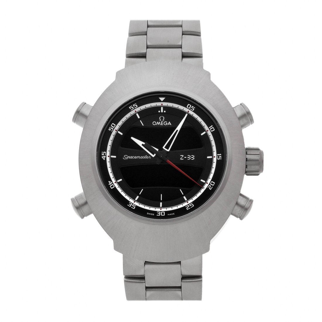 Omega Speedmaster Spacemaster Z-33 Quarz Titan Herren Armbanduhr: Condition:Pre-ownedStyle:CasualBuckle Type:Folding BuckleDial Colour:BlackHour Markers:IndexDepartment:MenType:WristwatchesMovement:QuartzStrap Material:TitaniumBrand:OMEGACase Material:TitaniumStrap 