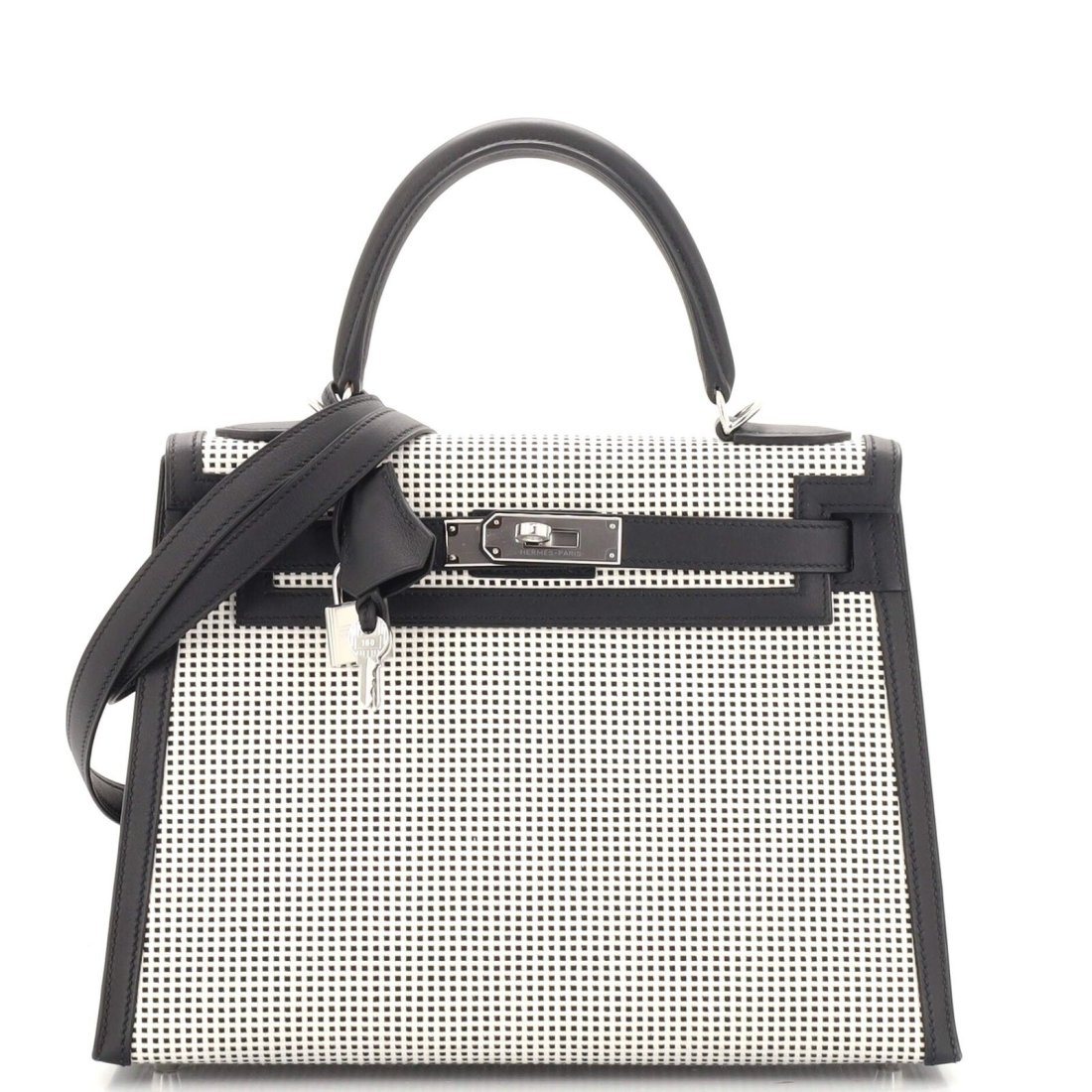 Hermes Kelly Handbag Quadrille Canvas and Noir Swift with Palladium Hardware 28: Condition:Pre-ownedMeasurements: Handle Drop 4.5", Height 8.5", Width 12", Depth 4", Strap Drop 17.5"Designer: HermesModel: Kelly Handbag Quadrille Canvas and Noir Swift with Palladium Hardware 28Exte