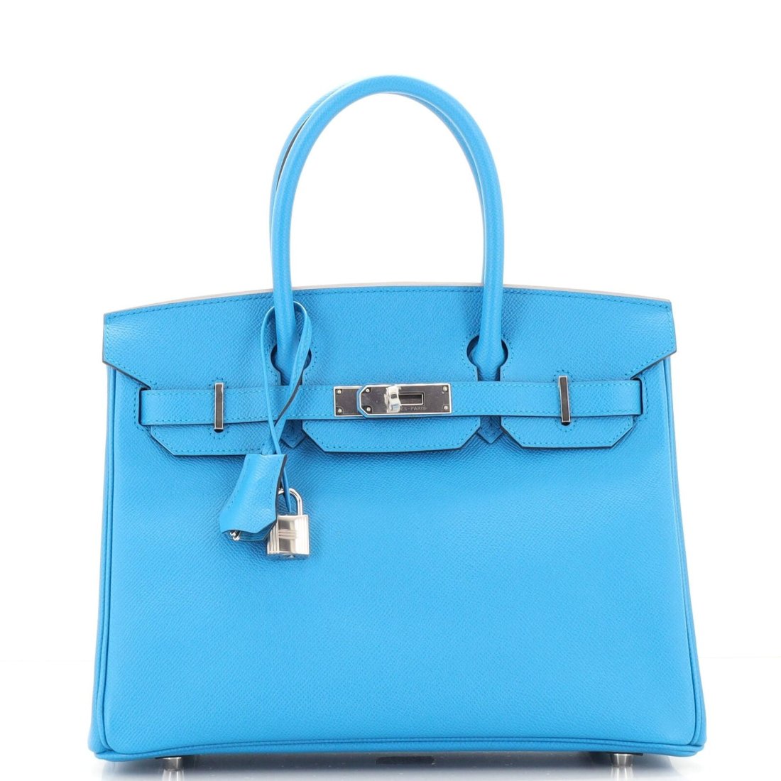 Hermes Birkin Handbag Bleu Zanzibar Epsom with Palladium Hardware 30 Blue: Condition:Pre-ownedMeasurements: Height 9", Width 11.5", Depth 6"Designer: HermesModel: Birkin Handbag Bleu Zanzibar Epsom with Palladium Hardware 30Exterior Material: LeatherHermes Color: Bleu Zanzib