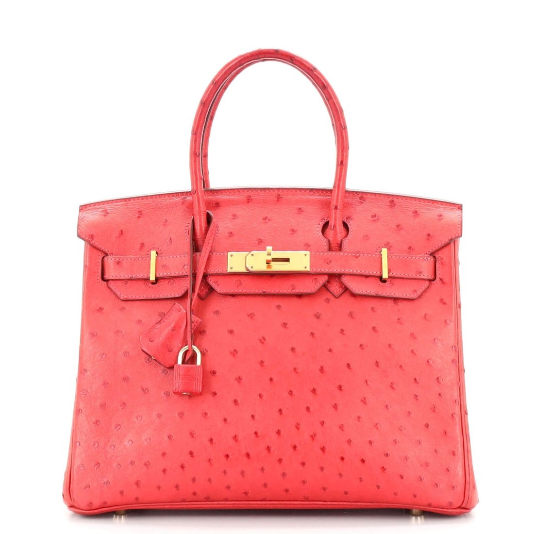 Hermes Birkin Handbag Rouge Vif Ostrich with Gold Hardware 30 Red: Condition:Pre-ownedMeasurements: Handle Drop 4", Height 10", Width 12", Depth 6"Designer: HermesModel: Birkin Handbag Rouge Vif Ostrich with Gold Hardware 30Exterior Material: Ostrich, ExoticHermes Co