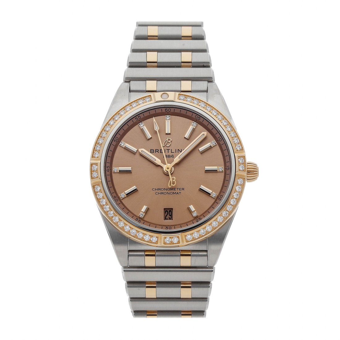 Breitling Chronomat Automatic 36mm Steel Gold Diamonds Mens Watch U10380591K1U1: Condition:Pre-ownedBrand:BreitlingMovement:AutomaticCase Size:36mmHour Markers:Diamond, indexWatch Shape:RoundCaseback:SolidFeatures:DateGender:MenBand Material:Two-tone: Rose/StainlessBand Color:Two 