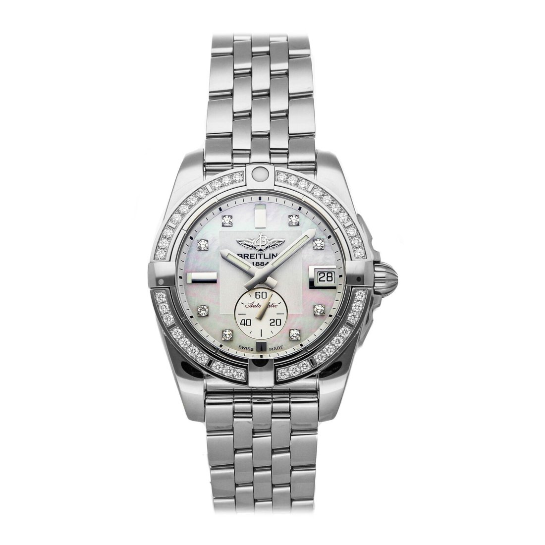 Breitling Galactic Automatic Steel Diamonds 36mm Bracelet Watch A37330531A1A1: Condition:Pre-ownedBrand:BreitlingMovement:Mechanical (Automatic)Case Size:36mmHour Markers:DiamondWatch Shape:RoundCaseback:SolidFeatures:DateGender:WomenBand Material:Stainless SteelBand Color:Silve