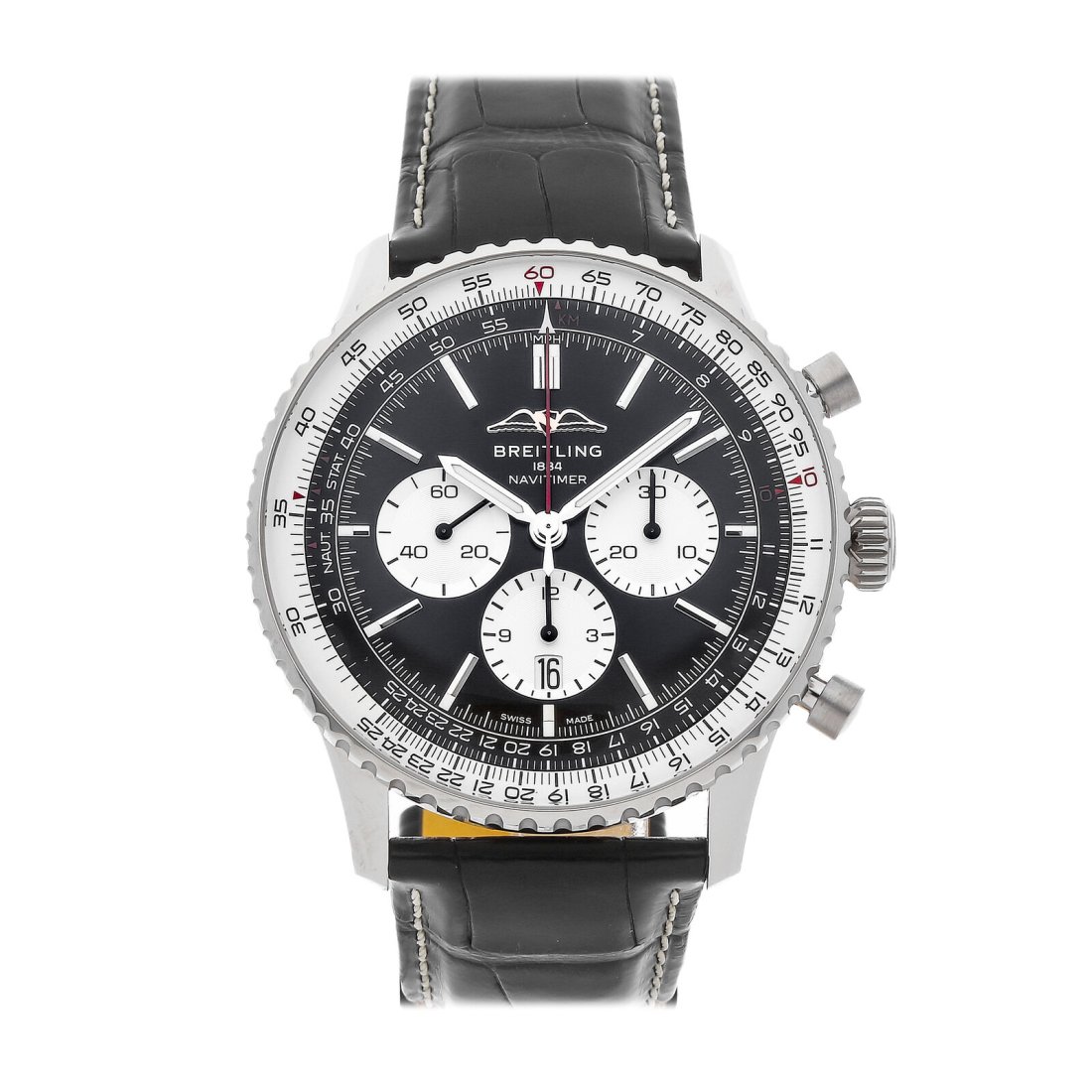 Breitling Navitimer B01 Chrono Auto 46mm Steel Mens Strap Watch AB0137211B1P1: Condition:Pre-ownedBrand:BreitlingMovement:AutomaticCase Size:46mmHour Markers:IndexWatch Shape:RoundCaseback:ExhibitionFeatures:Chronograph, Date, Slide Rule, TachymeterGender:MenBand Material:Alliga