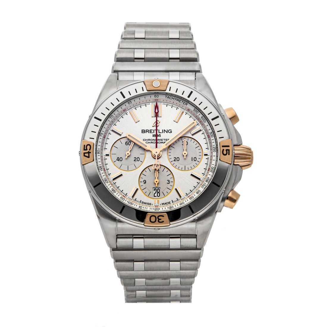 Breitling Chronomat B01 Auto Steel Gold Mens Bracelet Watch Date IB0134101G1A1: Condition:Pre-ownedBrand:BreitlingMovement:AutomaticCase Size:42mmHour Markers:IndexWatch Shape:RoundCaseback:ExhibitionFeatures:Chronograph, Date, TachymeterGender:MenBand Material:Stainless steelBan