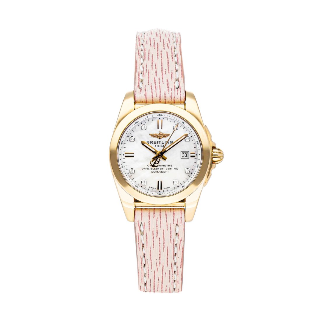 Breitling Galactic 29 Sleek Quartz Gold Diamonds Ladies Watch Date H7234812/A792: Condition:Pre-ownedBrand:BreitlingMovement:QuartzCase Size:29mmHour Markers:DiamondWatch Shape:RoundCaseback:SolidFeatures:DateGender:WomenBand Material:LeatherBand Color:WhiteBuckle Type:Tang BuckleS
