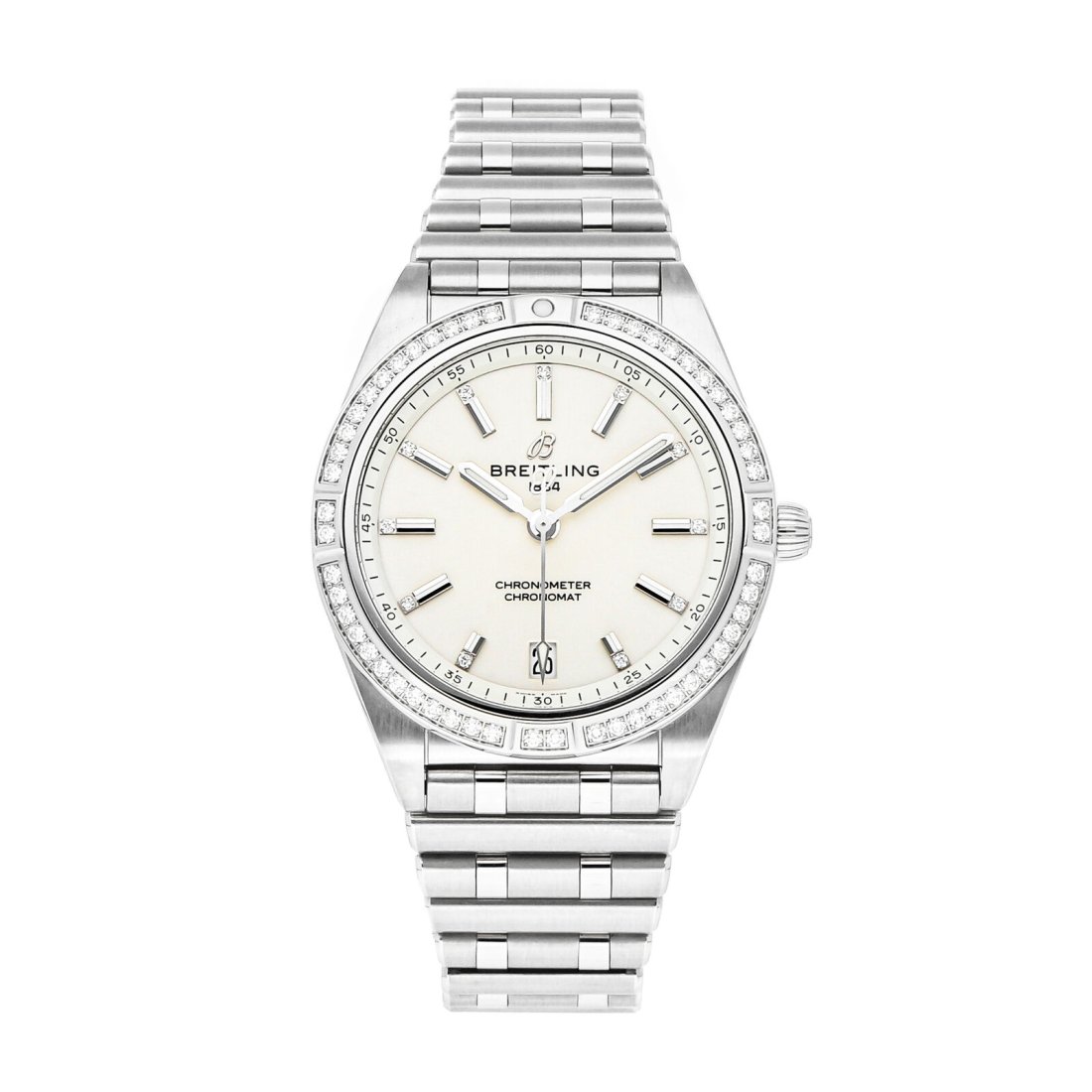 Breitling Chronomat Automatic Steel Diamonds Mens Bracelet Watch A10380591A1A1: Condition:Pre-ownedBrand:BreitlingMovement:AutomaticCase Size:36mmHour Markers:Diamond, indexWatch Shape:RoundCaseback:SolidFeatures:DateGender:MenBand Material:Stainless steelBand Color:SilverBuckle 