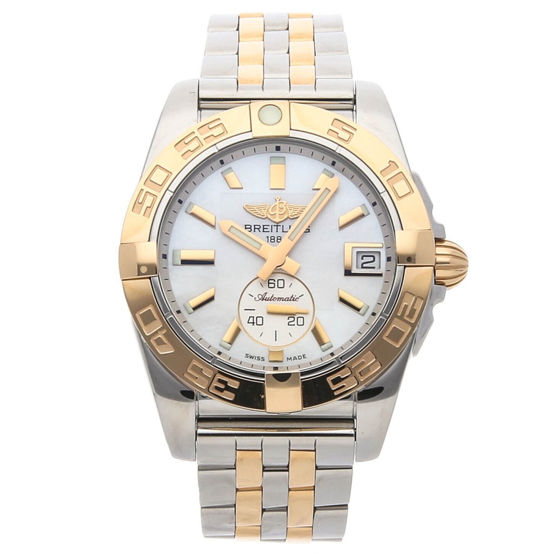 Breitling Galactic 36 Steel Gold Auto MOP Ladies Bracelet Watch C3733012/A724: Condition:Pre-ownedBrand:BreitlingMovement:Mechanical(Automatic)Case Size:36mmHour Markers:IndexWatch Shape:RoundCaseback:SolidFeatures:DateGender:MenBand Material:Stainless Steel, Rose GoldBand Color