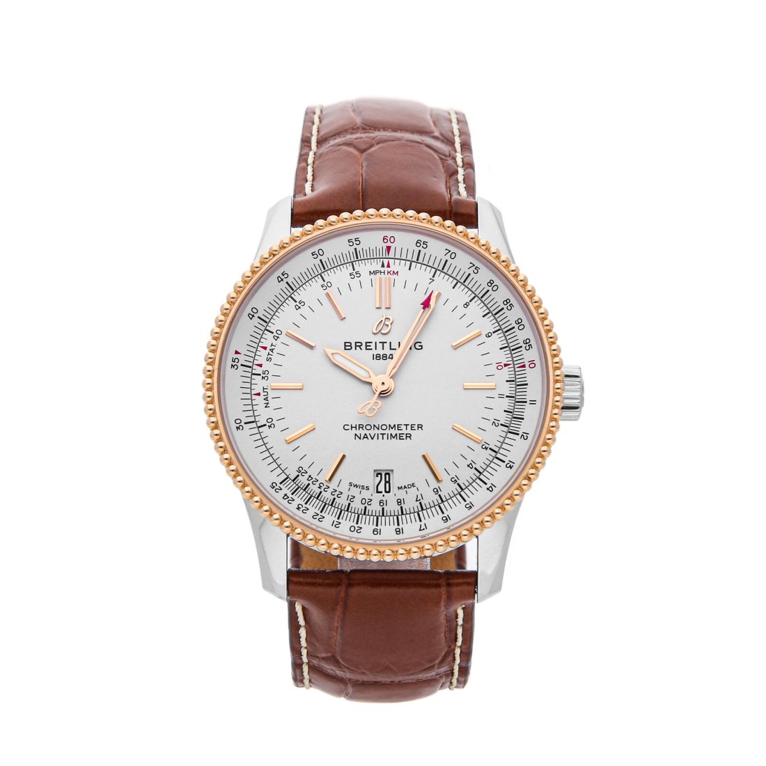 Breitling Navitimer Steel Rose Gold Automatic Mens Watch 38mm U17325211G1P2: Condition:Pre-ownedBrand:BreitlingMovement:AutomaticCase Size:38mmHour Markers:IndexWatch Shape:RoundCaseback:SolidFeatures:Date, Slide RuleGender:MenBand Material:AlligatorBand Color:BrownBuckle Type