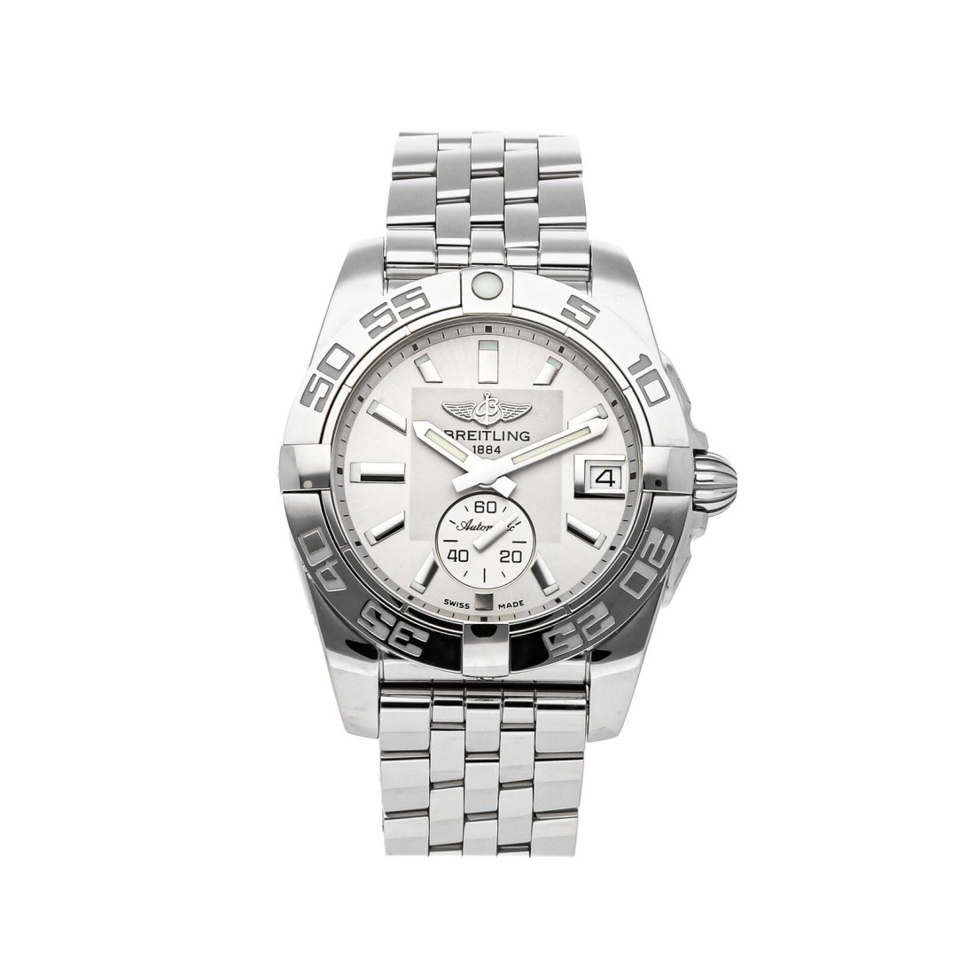 Breitling Galactic Steel Automatic 36mm Bracelet Watch Date A37330121G1A1: Condition:Pre-ownedBrand:BreitlingMovement:AutomaticCase Size:36mmHour Markers:IndexWatch Shape:RoundCaseback:SolidFeatures:DateGender:WomenBand Material:Stainless steelBand Color:SilverBuckle Type:Fo