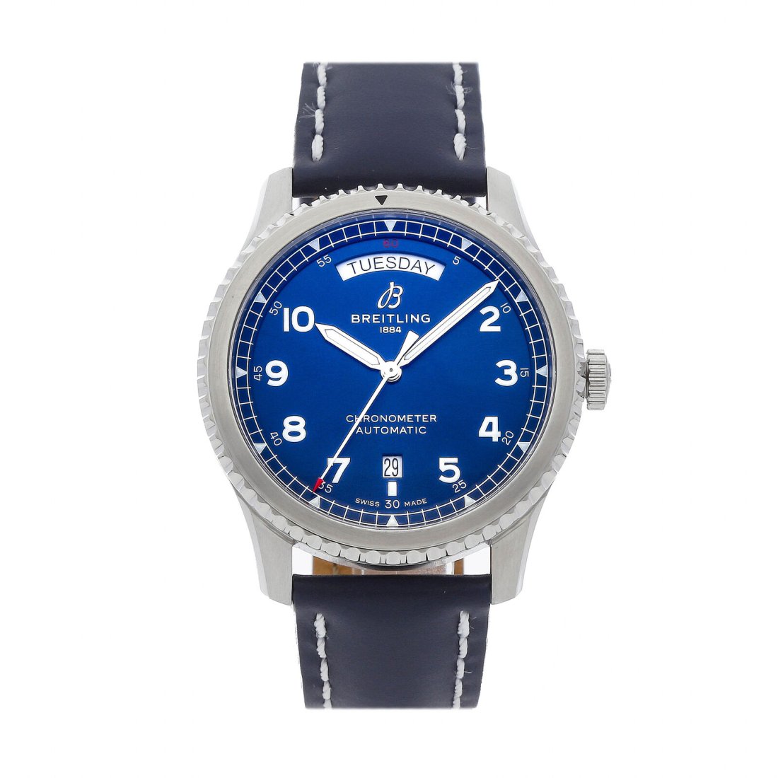Breitling Aviator 8 Day & Date 41 Automatic Mens Strap Watch A45330101C1X3: Condition:Pre-ownedBrand:BreitlingMovement:AutomaticCase Size:41mmHour Markers:Arabic NumeralsWatch Shape:RoundCaseback:SolidFeatures:Date, DayGender:MenBand Material:LeatherBand Color:BlueBuckle Type