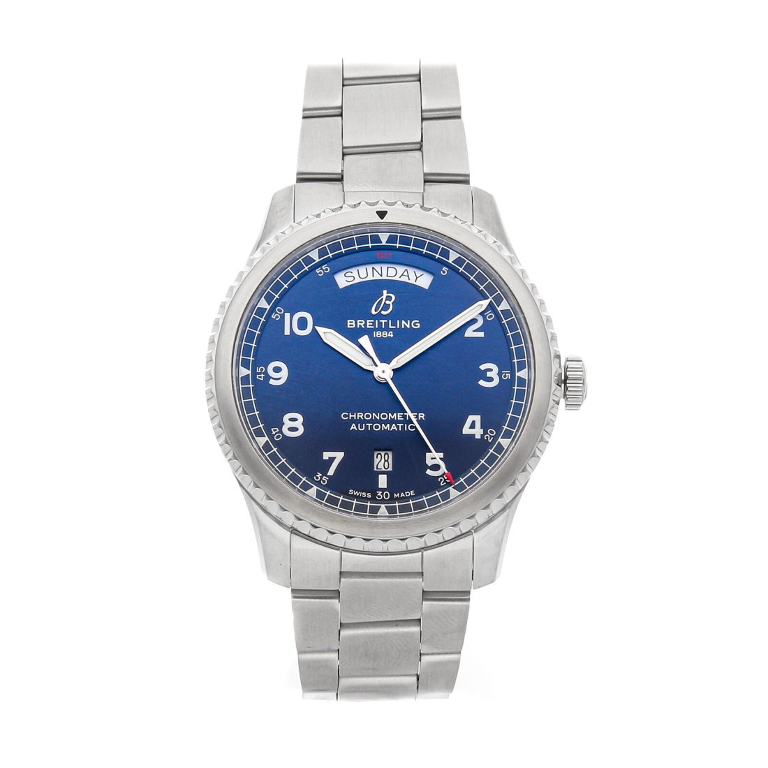 Breitling Aviator 8 Day-Date Steel Automatic Mens 41mm Watch A45330101C1A1: Condition:Pre-ownedBrand:BreitlingMovement:Mechanical(Automatic)Case Size:41mmHour Markers:Arabic NumeralsWatch Shape:RoundCaseback:SolidFeatures:Day and DateGender:MenBand Material:Stainless SteelBan