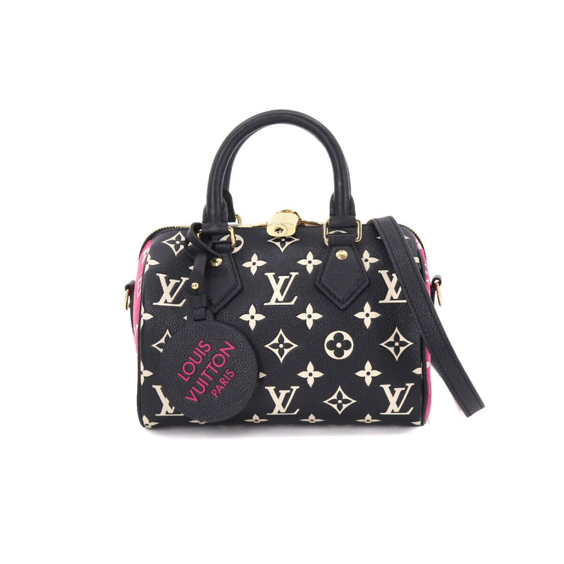 LOUIS VUITTON Empreinte Speedy Bandouliere 20 2way Hand Bag M46088: Condition:Pre-owned Brand:LOUIS VUITTON Style:Hand Bag / Shoulder Bag Exterior Material:Monogram Empreinte Leather Exterior Color:Black , Pink , White Department:Women Size W:8.07 inch Size H:5.31 inc