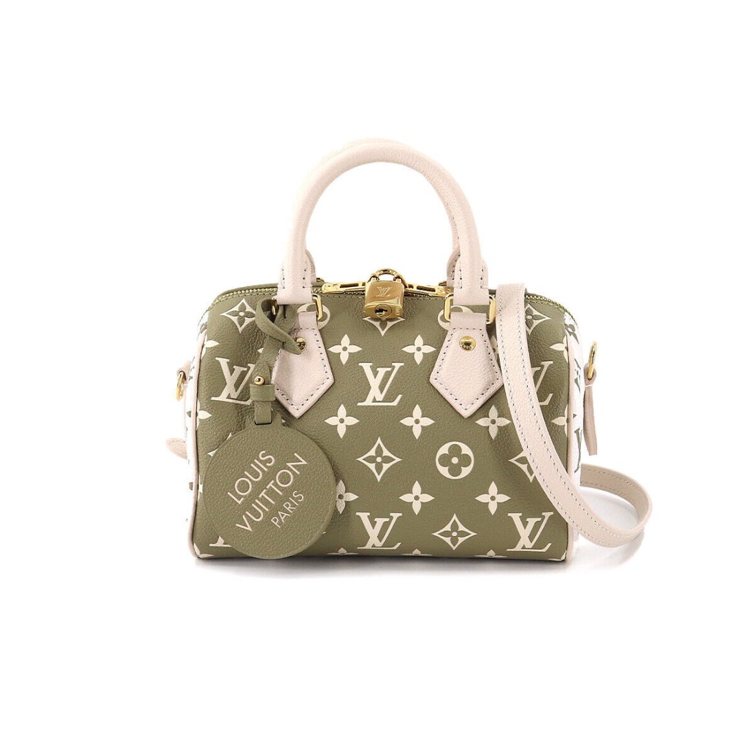 LOUIS VUITTON Empreinte Speedy Bandouliere 20 2way Hand Bag M46118: Condition:Pre-owned Brand:LOUIS VUITTON Style:Hand Bag / Shoulder Bag Exterior Material:Monogram Empreinte Leather Exterior Color:Khaki Green , Beige , Cream Department:Women Size W:7.87 inch Size H:5