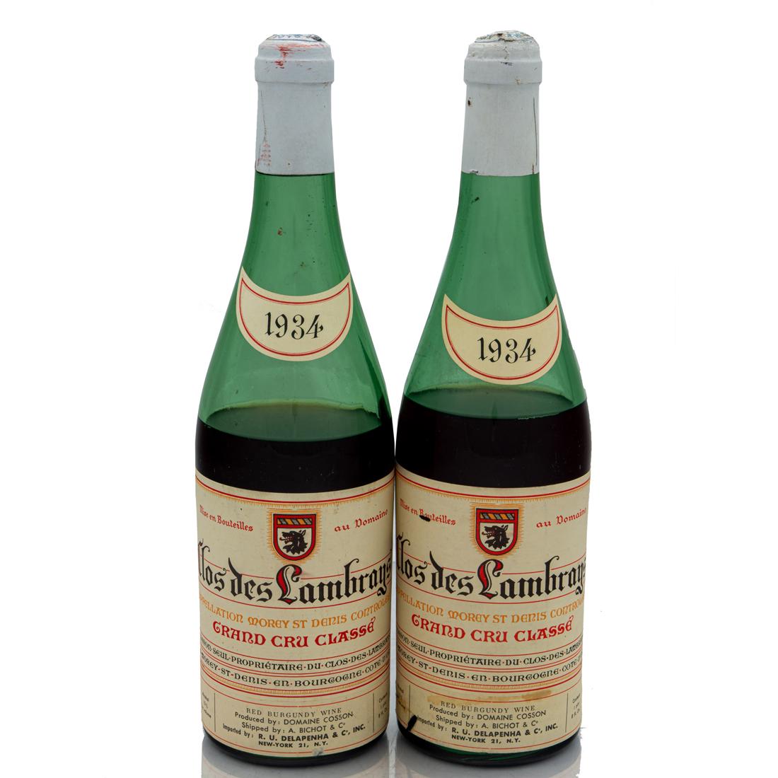 (2) bottles - 1934 Domaine Remi Cosson, Clos des Lambrays, Morey St Denis, Grand CruBurgundy Red: (2) bottles - 1934 Domaine Remi Cosson, Clos des Lambrays, Morey St Denis, Grand Cru	Burgundy Red 750ml Classic, rich wines. The best are still good. Ideal growing season, with warm spring weather 