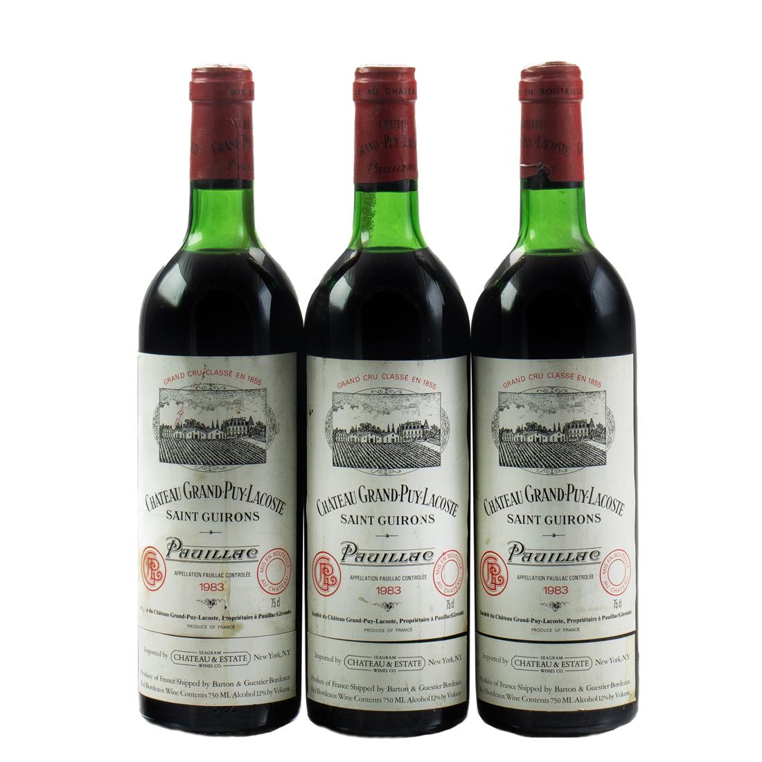 (3) Bottles 1983 Chateau Grand Puy Lacoste 5th Growth Pauillac Bordeaux Red 750ml: (3) Bottles 1983 Chateau Grand Puy Lacoste 5th Growth Pauillac Bordeaux Red 750ml