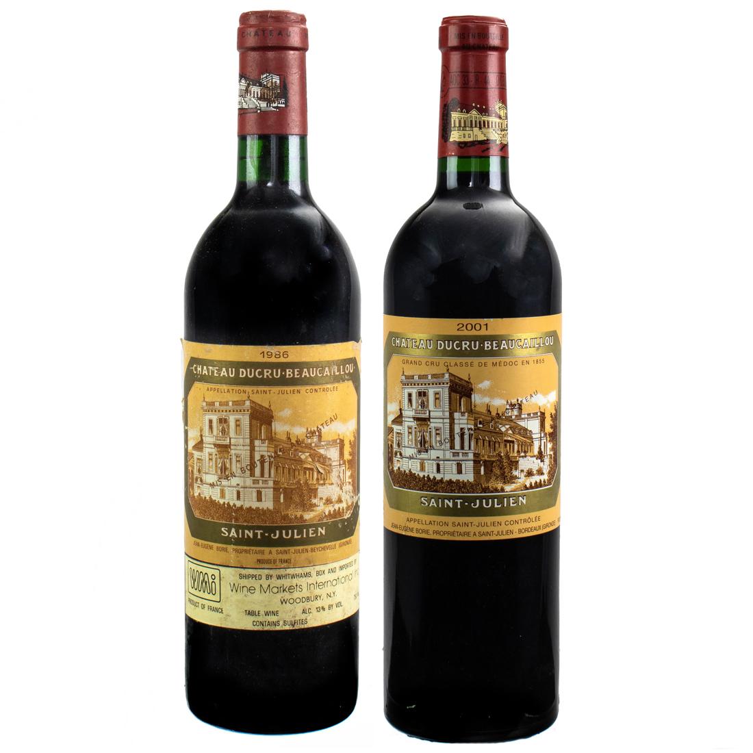 (2) bottles mixed lot Ducru Beaucaillou Bordeaux 750ml: (2) bottles mixed lot Ducru Beaucaillou Bordeaux 750ml 1986 Chateau Ducru Beaucaillou 2nd Growth St. Julien Bordeaux 95D " Blackberry, mint and black pepper abound here. The palate has serious st