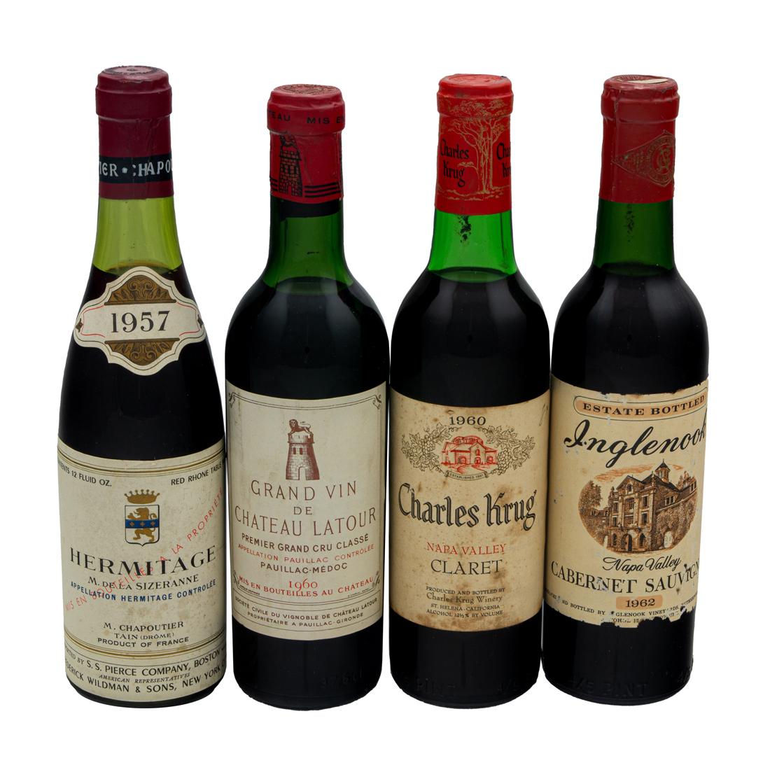 (4) Half bottles mixed lot assorted vintage reds 375ml: (4) Half bottles mixed lot assorted vintage reds 375ml Excellent condition and ullage! 1962 Inglenook Cabernet Sauvignon Napa Valley 1957 M Chapoutier Hermitage Rhone Valley 1960 Chateau Latour 1s