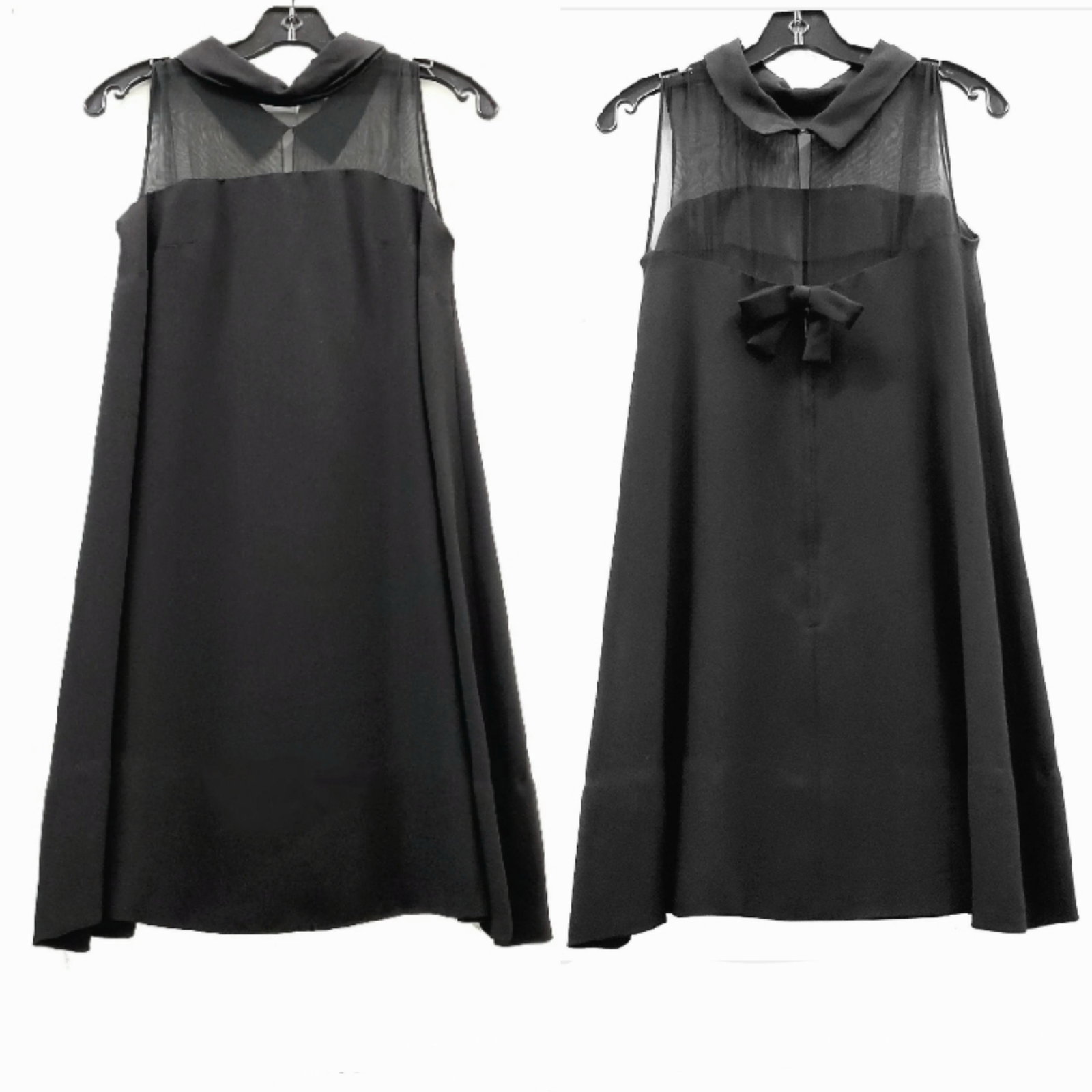RARE Vintage 1960s Mod Sleeveless Illusion Collar Bow LBD Cocktail Dress: Style #: V3PDR312 Label: Not Available Manufactured: USA Fabric: Believed to be Silk or a Blend Color: Black Condition: Excellent VintageSize: Not Available (Approx S-M) Bust: 16" Shoulder: 2 1/2" Len