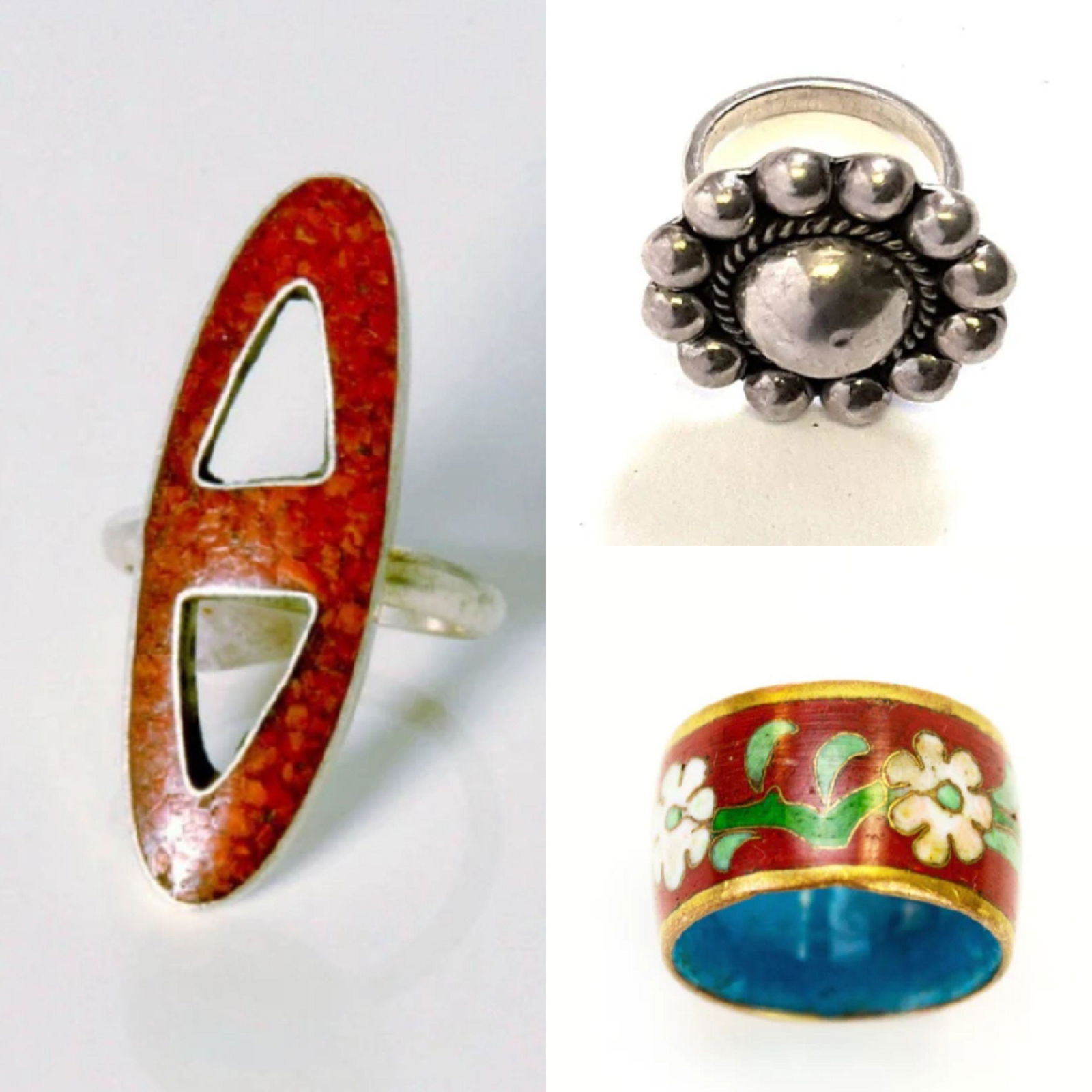 LOT:  Assorted Vintage 1970s Ethnic Sterling Silver and Brass Cloisonne Rings (1 of 4)
