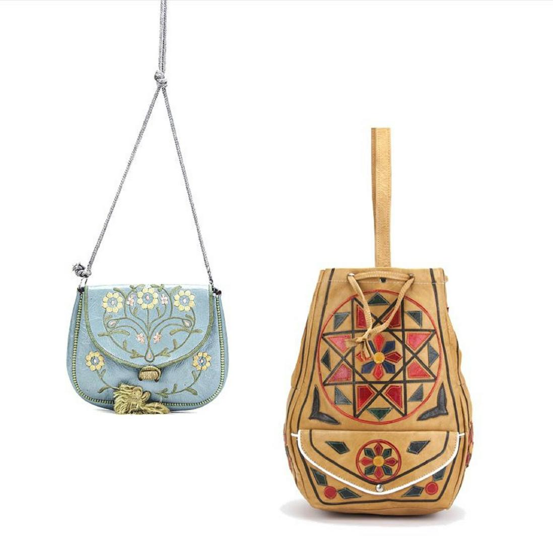 LOT:  Assorted Vintage 1960s 1970s Ethnic Embroidered Leather Mini Shoulder + Bucket Drawstring Bag (1 of 11)
