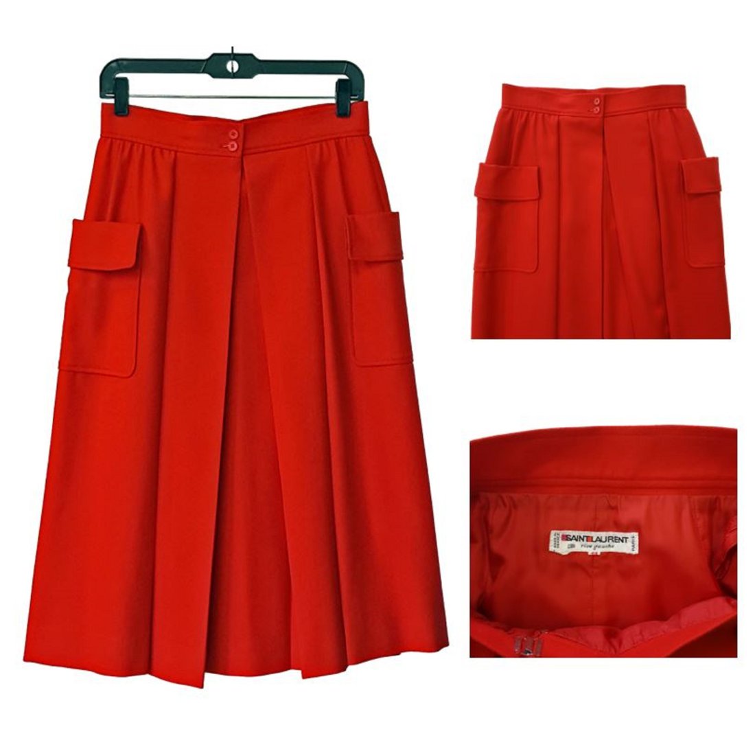 RARE Vintage 1970s Designer YSL YVES SAINT LAURENT RIVE GAUCHE NOS Wrap Pocket Inverted Pleat Skirt (1 of 6)