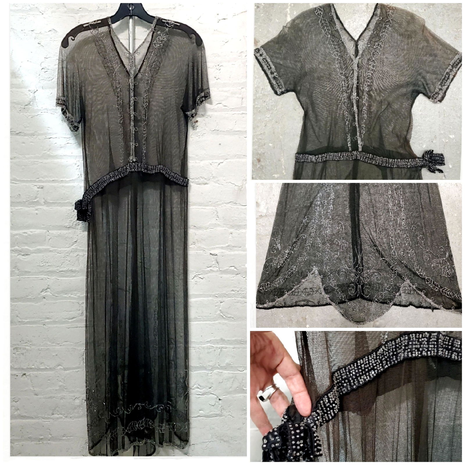 RARE Vintage 1920s 1930s SS Silk Mesh Net Beaded Flapper Deco Dress (1 of 13)
