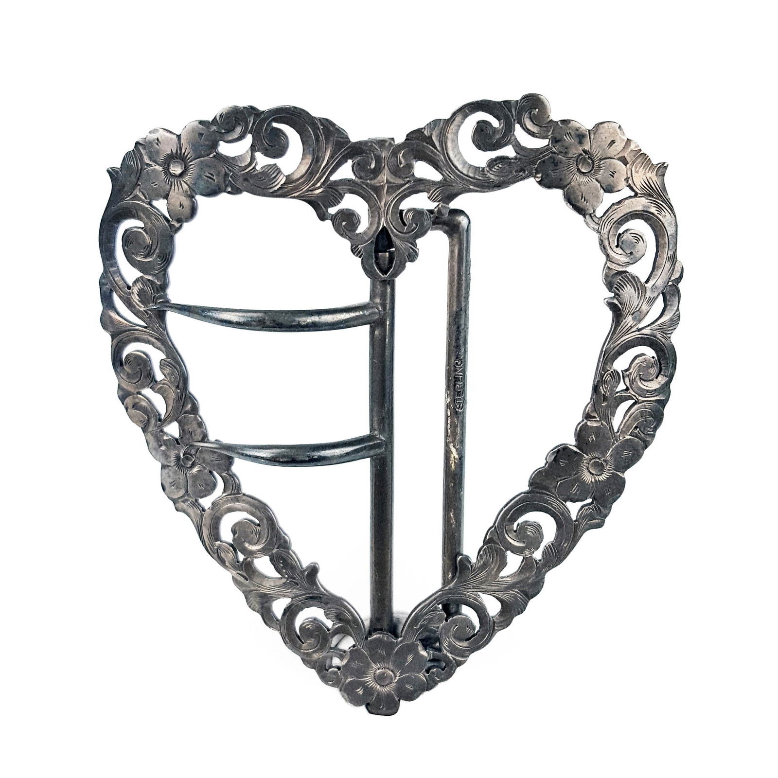 RARE Vintage 1800s Victorian Sterling Silver Filigree Heart Belt Buckle (Stamped) (1 of 5)