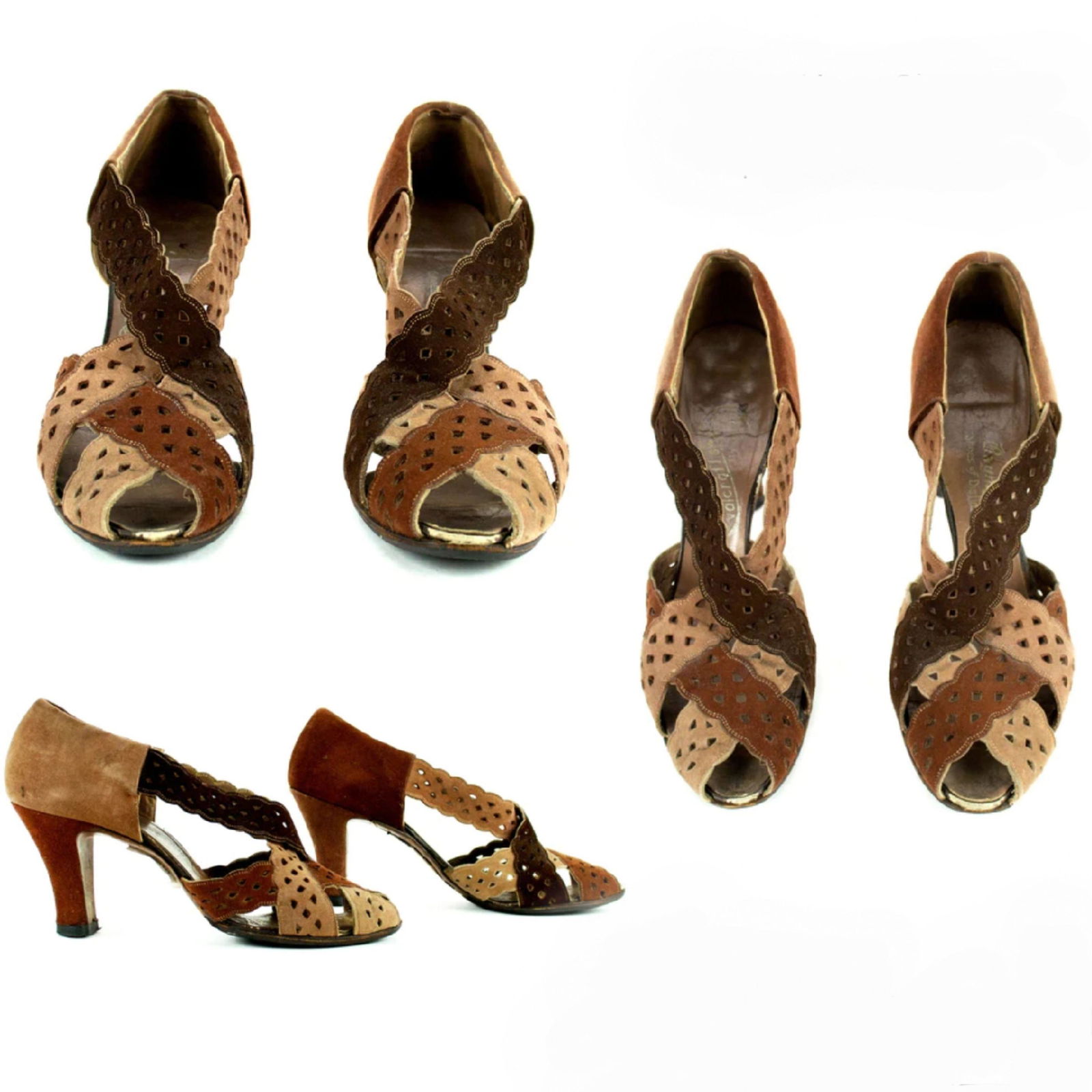 RARE Vintage 1940s Perforated Tri-Color Suede Wrap Strap Open Toe Shoes (1 of 7)