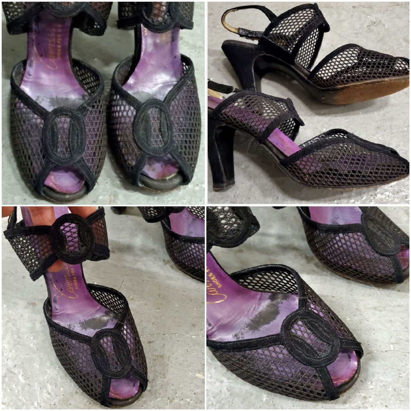 Vintage 1940s CARMELETTES Mesh Suede Open Toes Pumps Shoes (1 of 7)
