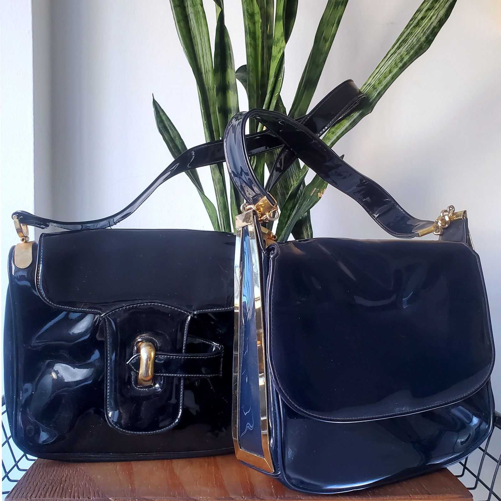 LOT: Two Design-Savvy Unique Vintage 1970s Patent Shoulder Bags  (Reserve $30) (1 of 10)