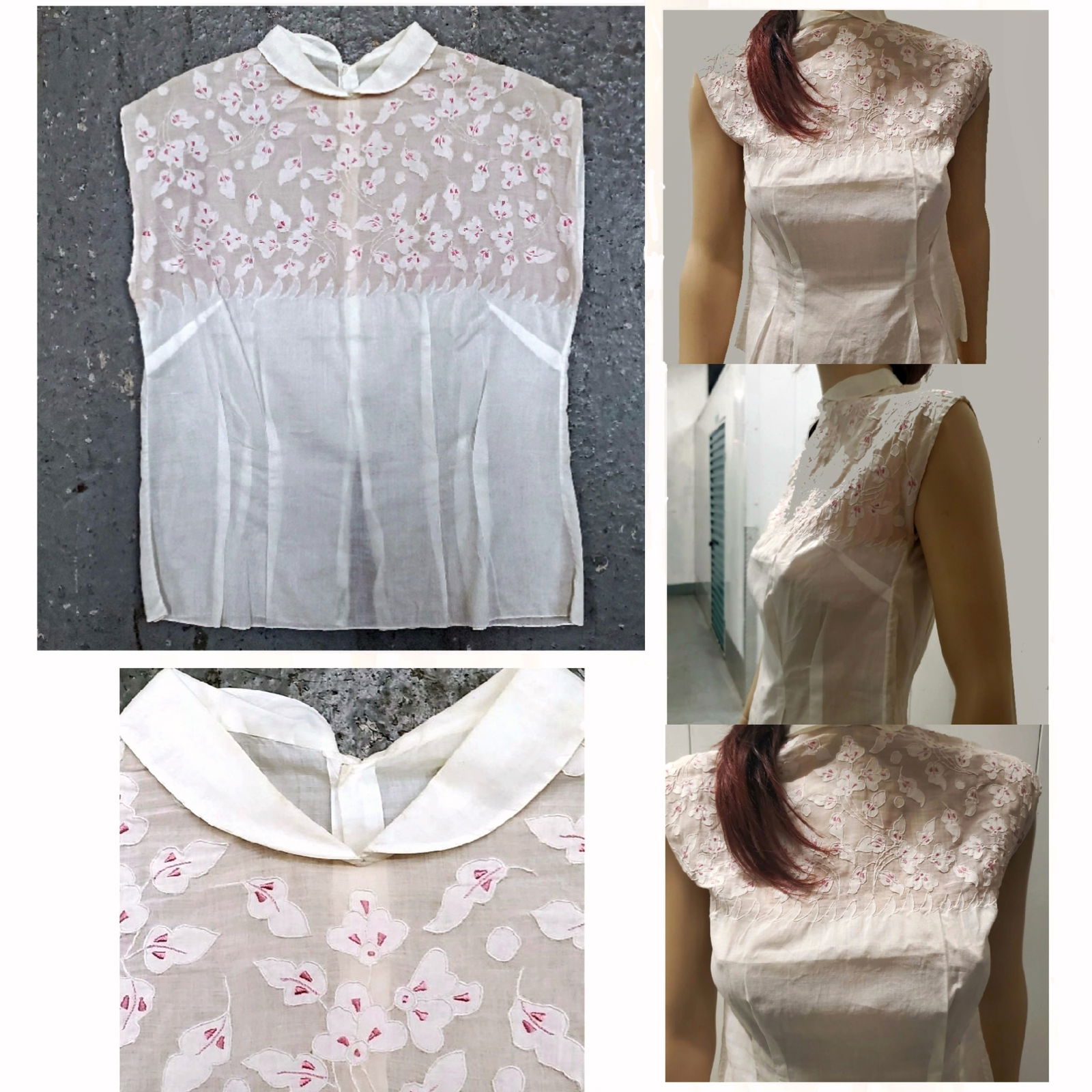 Vintage 190s Sless Mini Floral Applique Peter Pan Button Back Blouse (Reserve $30) (1 of 10)