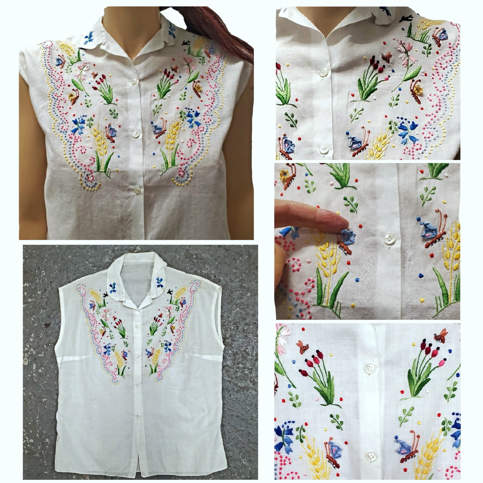 Vintage 1950s Sless Mini Floral Butterfly Bee Applique Button Front Blouse (Reserve $30) (1 of 6)