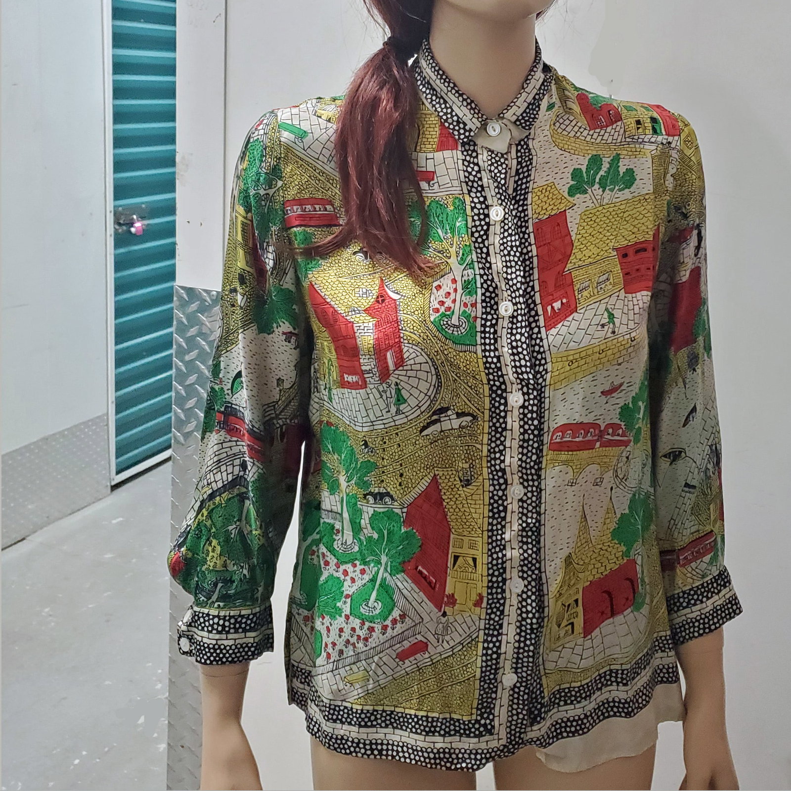 Vintage 1950s Conversational Silk Scarve LS Button Front Shirt (Reserve $20) (1 of 9)