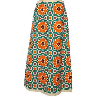 INCREDIBLY RARE Vintage 1960s HANDMADE Fully Quilted Patchwork Skirt (Reserve $800): Style #: V3PSKW1 Label: Not Available Manufactured: Not Available Fabric: Cotton Color: Ivory | Orange | Green Condition: Excellent Vintage Size: Approx S Waist: 14 1/2" Length: 39" Across