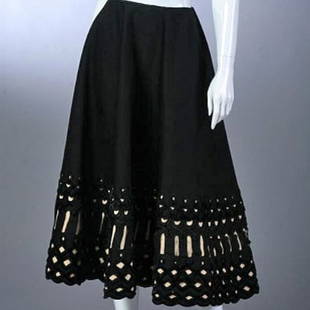 STUNNING Vintage 1920s-30s Victorian Edwardian Wool/Velve Cutwork Circle Skirt (Reserve $80): Style #: V3PSKW1000 Label: Not Available Manufactured: USA Fabric: Wool | Velvet Color: Black | Ivory Condition: Very Good Period Vintage but Missing Waistband + Thus, w/Vertical