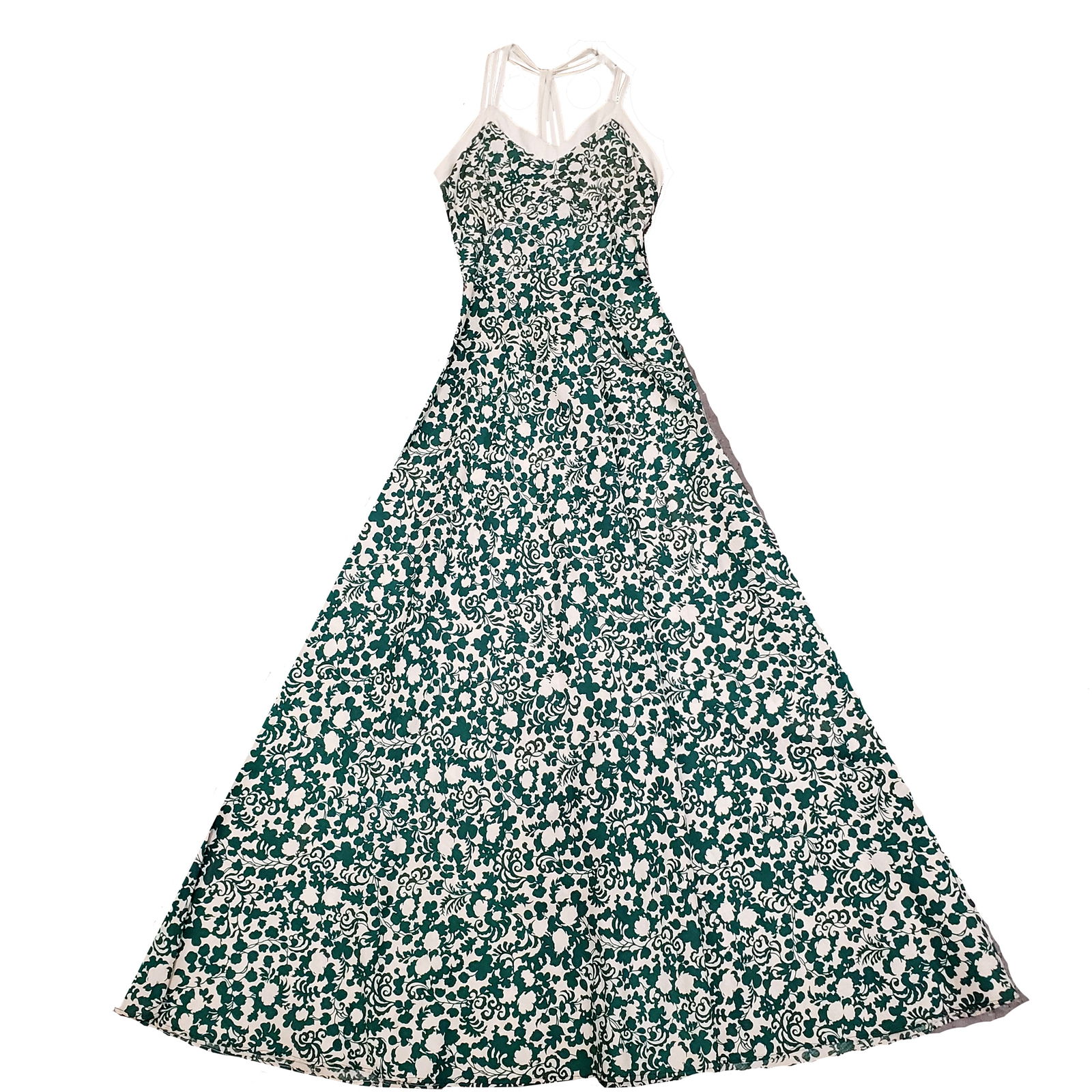 RARE Vintage 1940s 1950s Full Length Multi Strap T-Back Floral Cotton Dress (Reserve $80): Style #: V3PDR36 Label: Not Available Manufactured: USA Fabric: Rayon Color: Green | Ivory Condition: Very Good Vintage (Appearing Lightly Used if at All w/Some Light Aging of Ivory Color) Size: Appro
