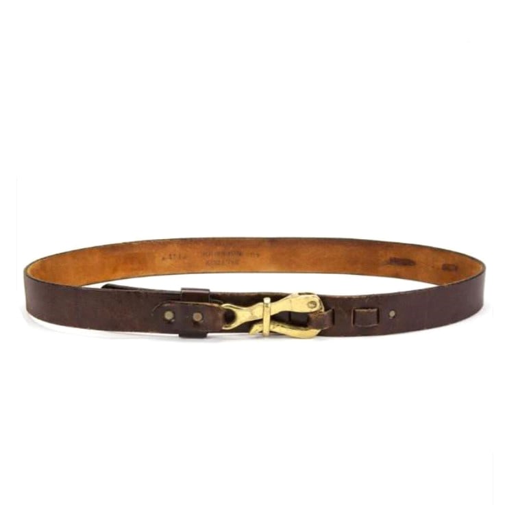 RARE Vintage 1970s Handmade Large Hook Clip Closure Harness Leather Belt (Reserve $50): Style #: V3PBLM37 Label: SALTBOX WORKSHOP Manufactured: USA Material: Leather | Brass Color: Brown Condition: Good Used Vintage Size: 40Width: 1 1/2"Length: 48"