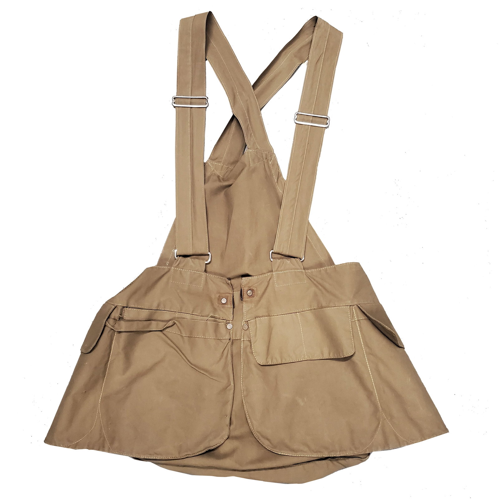 FANTASTIC Inspirational Vintage 1950s Cotton Canvas Hunting Vest (Reserve ($40): Style #: V3PJCM6 Label: Not Available Manufactured: USA Fabric: Cotton Canvas Color: Camel Condition: Good Used Vintage but Missing Front Leather Tab Closure Size: Not Available but Appears to Be an A