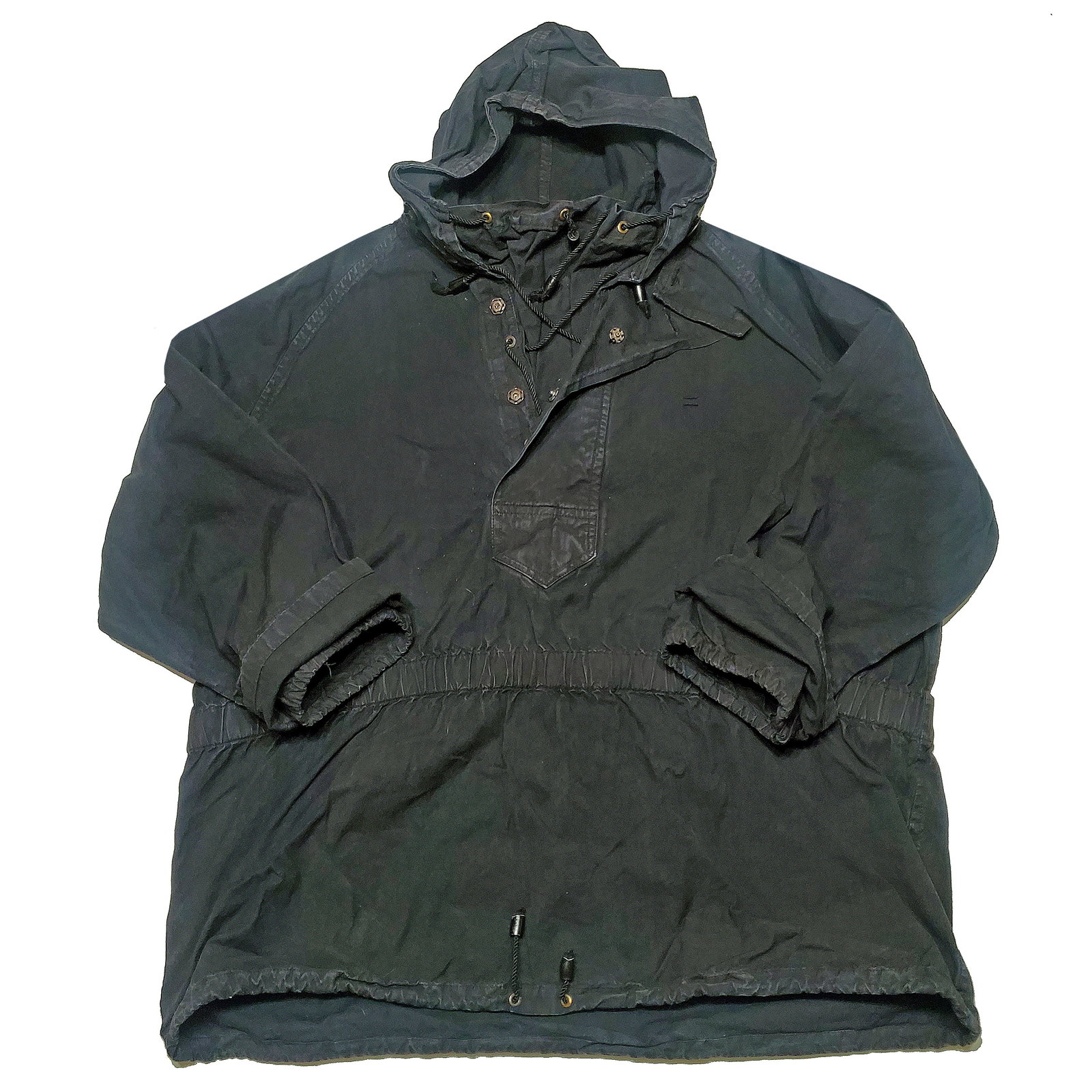 RARE Vintage 1980s Overdyed Military Deck Style Hooded Parka Jacket (Reserve $60): Style #: V3PJCM90 Label: Not Available Manufactured: Europe Fabric: Cotton Color: Overdyed Black Condition: Excellent NOS Vintage Size: Not Available Chest: 26" Shoulder/Sleeve Combo: 25" Waist (at Ba