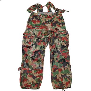 RARE Vintage 1960s? European Military Camouflage Suspender Pants Overalls (Reserve $60): Style #: V3PPM21 Label: Not Available Manufactured: Europe Fabric: Cotton Color: Rust | Green | Camouflage Condition: Good Used Vintage w/Some Small Repairs and Peeling to a Protective Film on