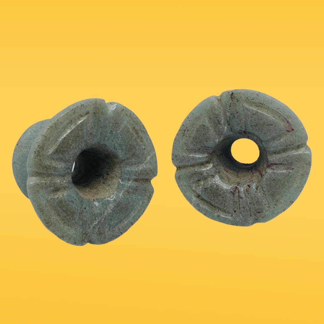 Pre-Columbian Mayan Style Jade Floral Earflares: Pre-Columbian Mayan Style Jade Floral Ear flares from Guatemala, ca. 600-900 CE. 7/8" length, 1 3/16" diameter.