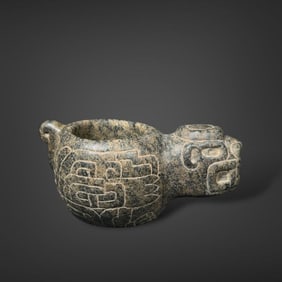Pre-Columbian Chavin carved stone feline mortar