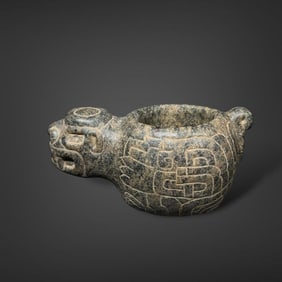 Pre-Columbian Chavin carved stone feline mortar